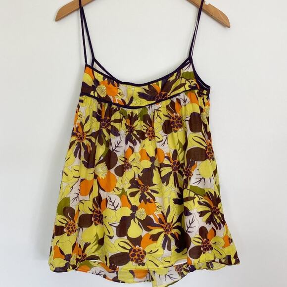 Milly New York Yellow Brown Floral Print Flowy Babydoll Cami Top Tank Blouse - Picture 6 of 9